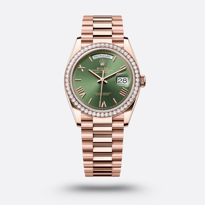 Rolex Day-Date, 36 mm, or Everose et diamants, Vert Olive
