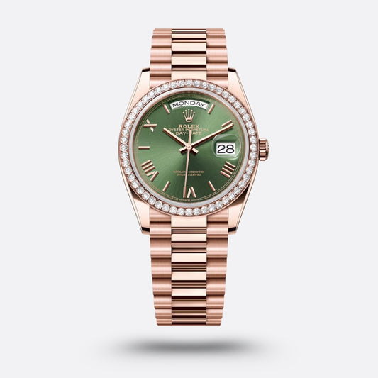 Rolex Day-Date, 36 mm, or Everose et diamants, Vert Olive