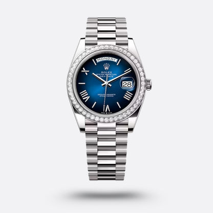 Rolex Day-Date, 36 mm, or gris et diamants, Bleu Ombré