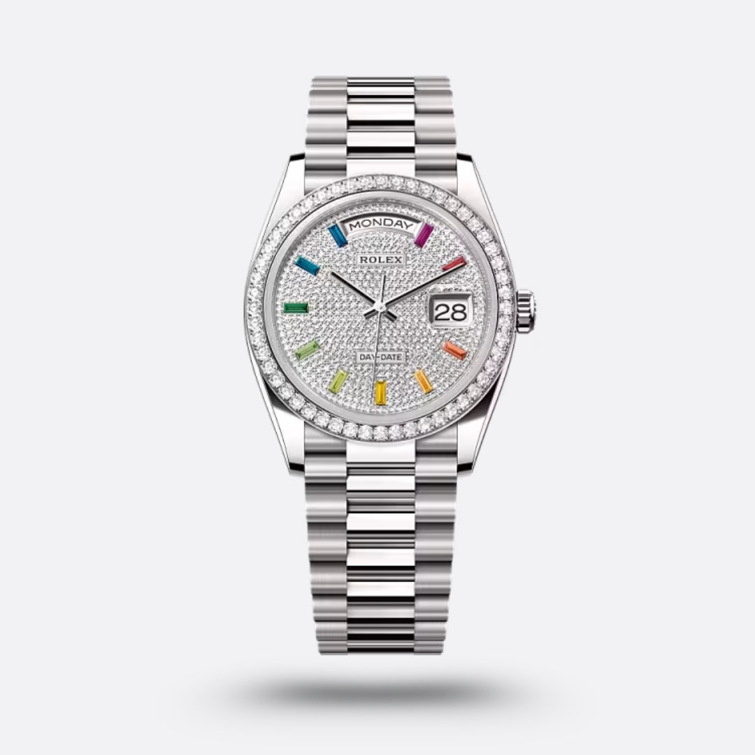 Rolex Day-Date, 36 mm, Or gris, Pavé de diamants