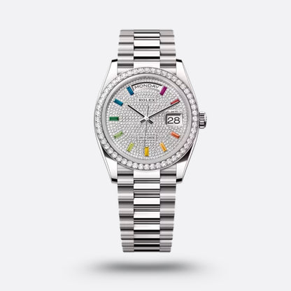 Rolex Day-Date, 36 mm, Or gris, Pavé de diamants