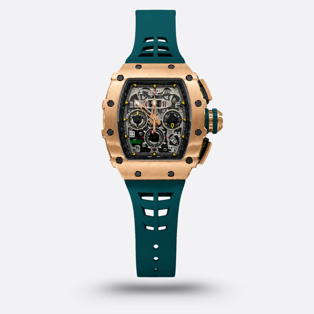 Richard Mille RM 11 dotée d'un boîtier en or rose et d'un bracelet en caoutchouc vert