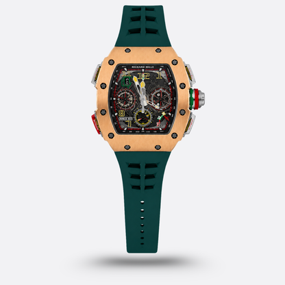Richard Mille RM 65-01 en or rose, dotée d'un bracelet en caoutchouc vert foncé