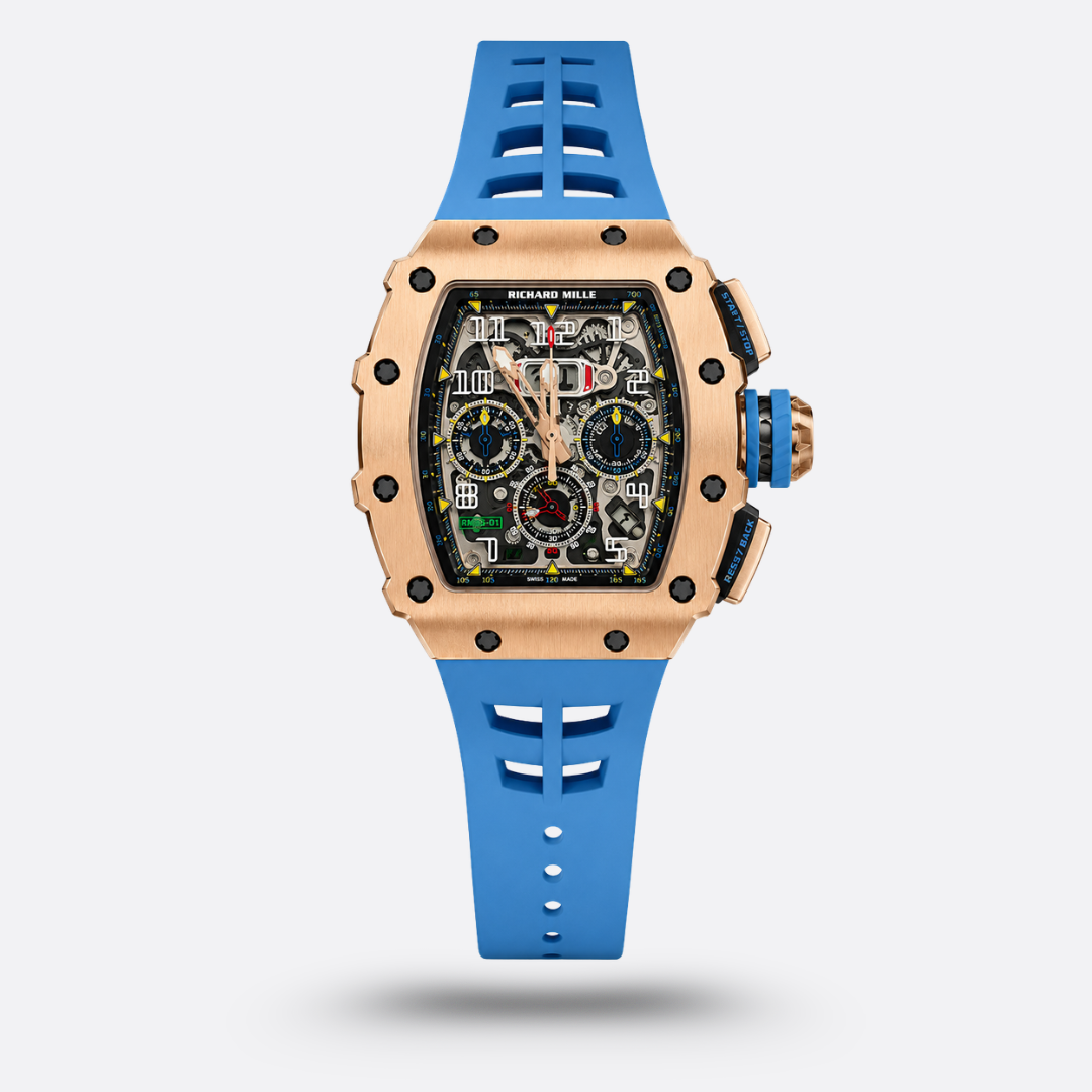 Richard Mille RM 11-03 avec un boîtier en or rose, bracelet en caoutchouc bleu