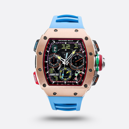 Richard Mille RM 65-01 en or rose avec un bracelet en caoutchouc bleu