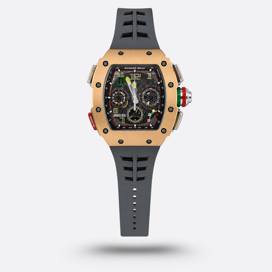 Richard Mille RM65-01 en or rose, avec un bracelet en caoutchouc gris
