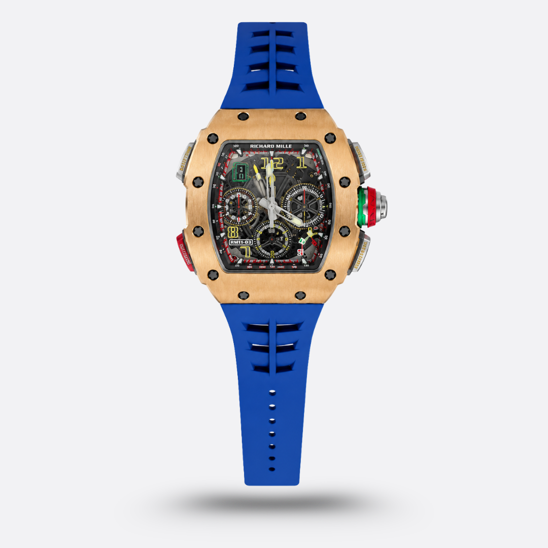 Richard Mille RM 65-01 en or rose, avec un bracelet en caoutchouc bleu
