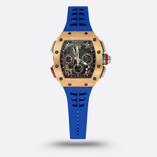 Richard Mille RM 65-01 en or rose, avec un bracelet en caoutchouc bleu